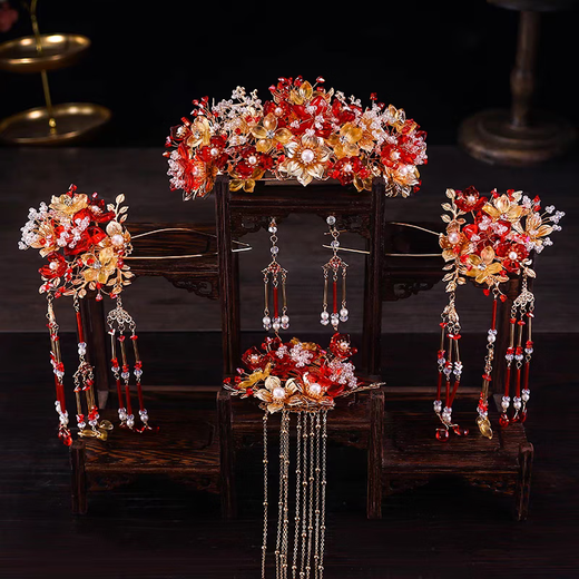 新款中式秀禾服新娘头饰古典中式晚宴敬酒服发梳影楼结婚拍摄配饰 红色秀禾发饰套装