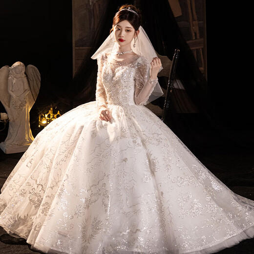 Wei Lianmenglan one-shoulder French light wedding dress 2025 new main yarn textured long-sleeved wedding dress for little brides white floor-length style (wedding dress + 8-piece set) XS weight 80Jin Jin is equal to about 0.5 kg