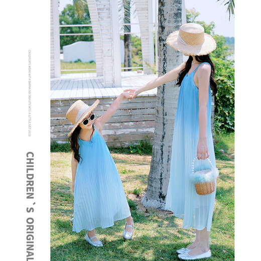 BUBBLE ORANGE Seaside parent-child wear mother-daughter dress beach 2026 summer new high-end holiday gradient suspender skirt blue dress 50 girls size 120 (recommended weight 38-45Jin Jin equals 0.5 kg)