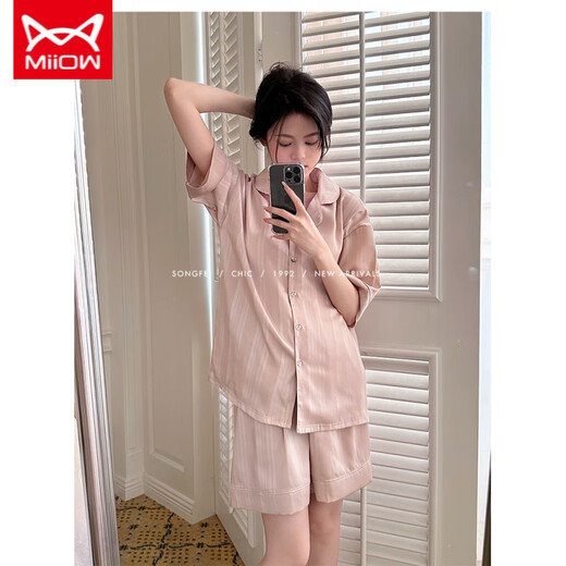 猫人 MIIOW睡衣女夏天冰丝绸凉感短袖短裤套装甜美条纹夏季春秋款女士家居服 #YX-9214 L 【99-115】斤