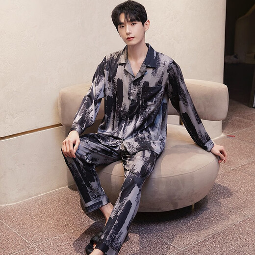 梦特娇（MONTAGUT）睡衣男士春秋款冰丝开衫长袖青少年薄款夏天印花可外穿家居服套装 xe双长6627#灰粽男 均码 l