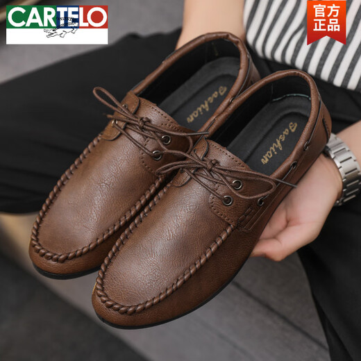 CARTELO round toe shoes casual men's sporting Lef Bean Doodle leather shoes with one foot British flat sole lightweight breathable formal wear D882 brown 42