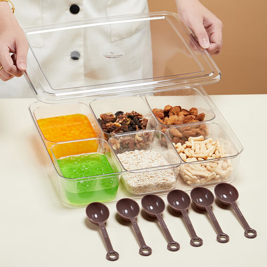 Haofanjie ice powder ingredient box, special milk tea ingredient box for stall, commercial seasoning box, sub-package box, storage box, ingredient box 6 compartments + transparent lid (6 seasoning spoons)