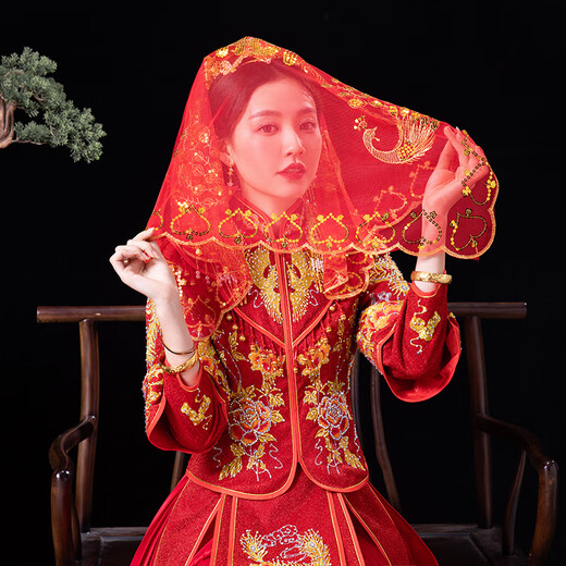 Jingwu simple temperament veil champagne color white red bridal headdress lace new long tail wedding photo phoenix flying phoenix dancing hijab 1 pack