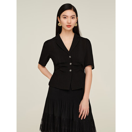 JUZUI commuting texture pleated suit jacket summer style JWDX40514 plain black M