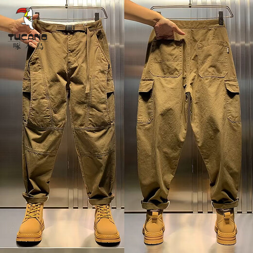 Woodpecker (TUCANO) American retro all-match overalls for men spring and autumn new khaki small-footed harem pants men's loose casual pants khaki (belt) M recommended 100-120Jin Jin equals 0.5 kg