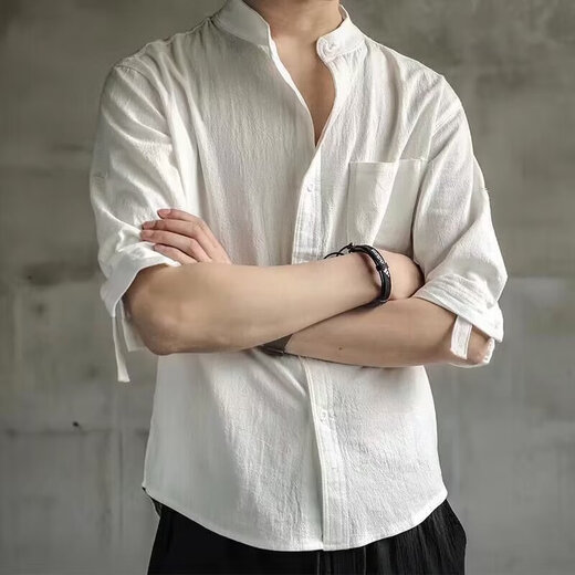 [Chinese Style Trend] Spring and Summer Men's Lines Shirt Loose Cotton and Line Casual Jacket Three-quarter Sleeve White L