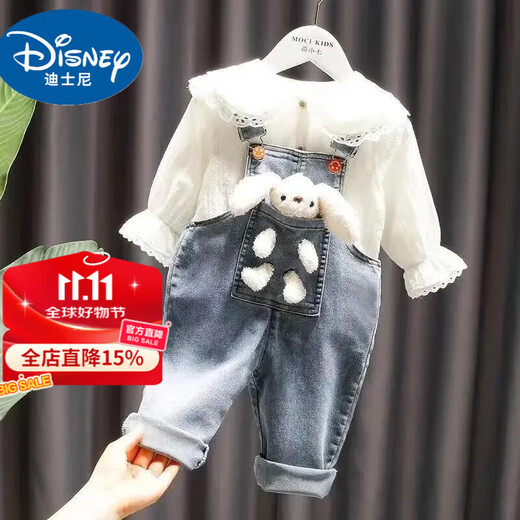 Disney baby girls overalls suit spring and autumn children 2025 new pants autumn children's fashionable trousers baby jeans suit (blue) overalls + shirt 80 recommended 75-85cm 9-12 months