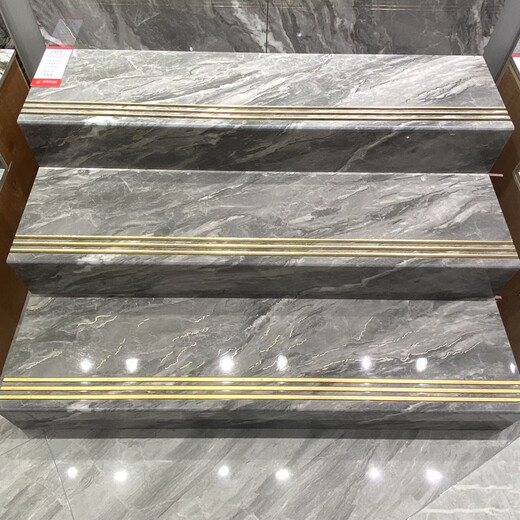 扑哩扑剌弧边淋釉一体式镀金470x1200原槽金丝釉楼梯踏步砖通体大理石瓷 弧边淋釉梯级12808-整片 470*1200