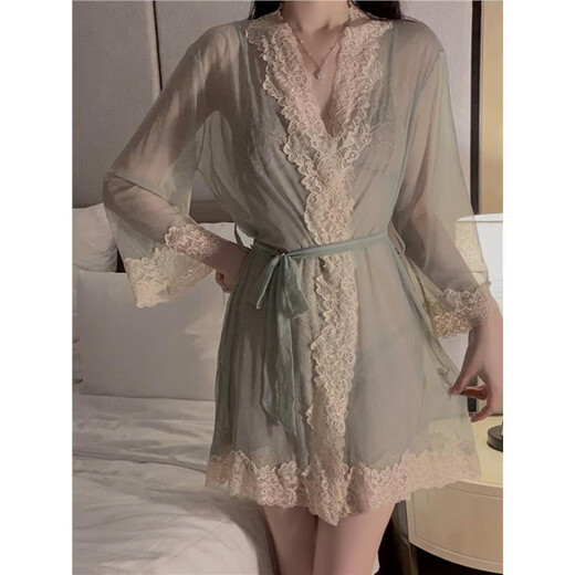 Sexy pyjamas pour femmes suspension Mesque Mesh Nightgown Summer Home Suit Morning Robe grande taille 3883 Green Nightgown + T-Trouders M M