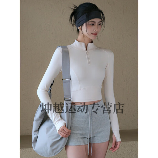 Yudong Velvet Warm Yoga Jacket Women's Autumn and Winter Half-Zip Stand Collar Sports Top Pilates Fitness Long Sleeve Eggnog White Velvet Lining/Slim Fit S Recommended 80-95Jin Jin equals 0.5kg