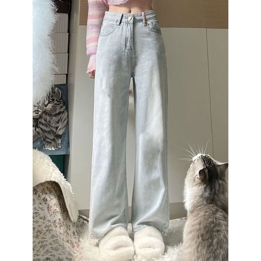 Opeodly【30天1283件】小个子设计感浅色高腰直筒牛仔裤女春秋新款显 黑色 基础款 XL