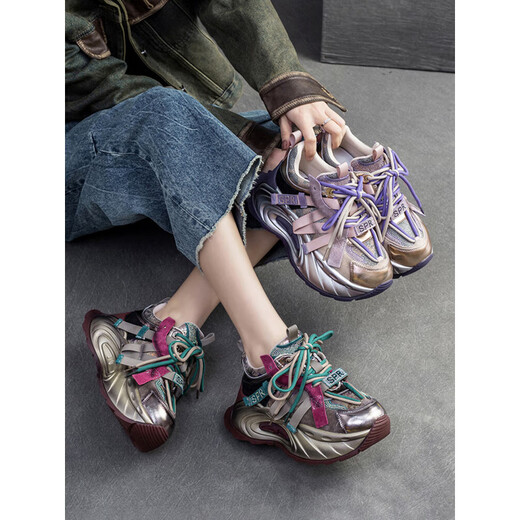EHANGY2025 Herbst Neue High-End European Color Dad Schuhe für Frauen trendy coole echte Leder Retro Dicke alleinige Sportarten und Freizeit-Frauenschuhe Burgund 37