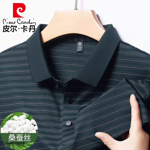 皮尔卡丹（pierre cardin）夏季中年男士桑蚕丝短袖t恤翻领条纹爸爸装体恤polo衫 H9866卡其 M 165 推荐90-120斤
