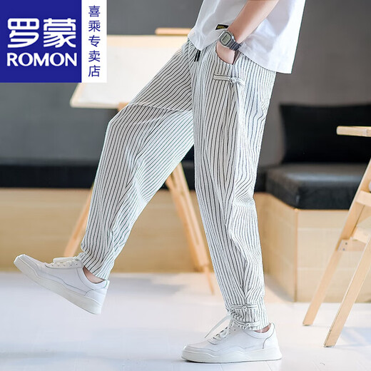 罗蒙（ROMON）裤子男夏季潮牌国潮运动长裤束脚哈伦条纹男裤休闲裤亚麻九分裤 白色 XL 125-140斤