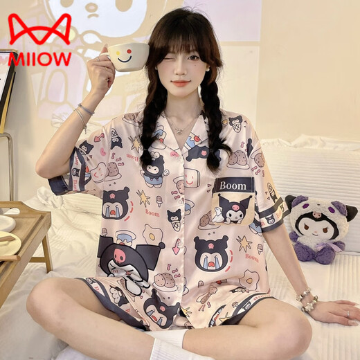 
Catman (MiiOW) Kulomi ice silk pajamas for women in summer short-sleeved ins cute internet celebrity style simulated home clothing summer suit #YX-9214 M [75-98]Jin[Jin equals 0.5 kg]