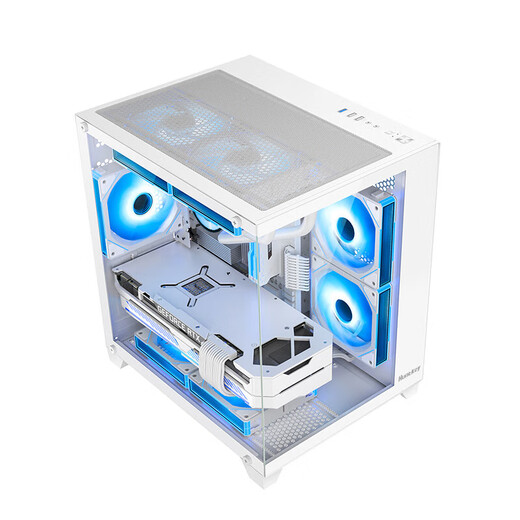 Huntkey S900/S960/S980 boîtier de chambre avec vue panoramique sur la mer boîtier pour ordinateur de bureau (verre trempé double face/refroidissement par eau 240/7 positions de ventilateur/carte mère M-ATX) S900 Sandstorm blanc version pleine vue