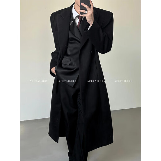 Du Xiaoxian British style black shoulder padded godfather coat men's autumn mid-length high-end cleanfit shoulder windbreaker jacket black regular XL recommended 120-140Jin Jin equals 0.5 kg