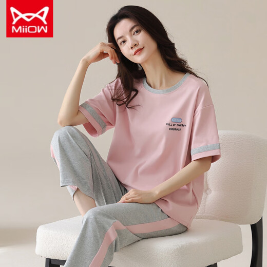Catman Miiow Pyjamas für Frauen im Frühjahr und Sommer kurzärmelige Hosen koreanische Studenten können im Sommer im Sommer reine Baumwoll-Kleidungsanzüge im Kurzlänge M-Kurzlängen-M (80-100jin [Jin gleich 0,5 kg]) tragen)