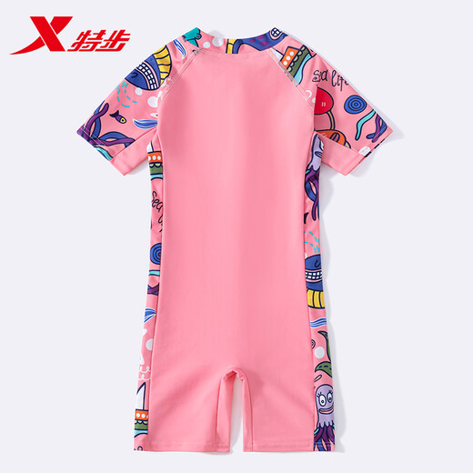 Xtep Children's Swimsuit Girls 2022 New One-piece Girls' Professional Training Swimwear for Large Children, Sunscreen Swimming Equipment, Octopus Tender Pink, Short Sleeves - Highly Effective Sunscreen, Size 12, Recommended Height 125-135cm