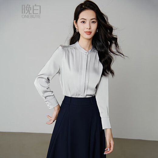 Late White New Product 2025 Autumn Casual Small Stand Collar Commuting Shirt Temperament Light Mature Elegant Simple Shirt Women Silver Gray M