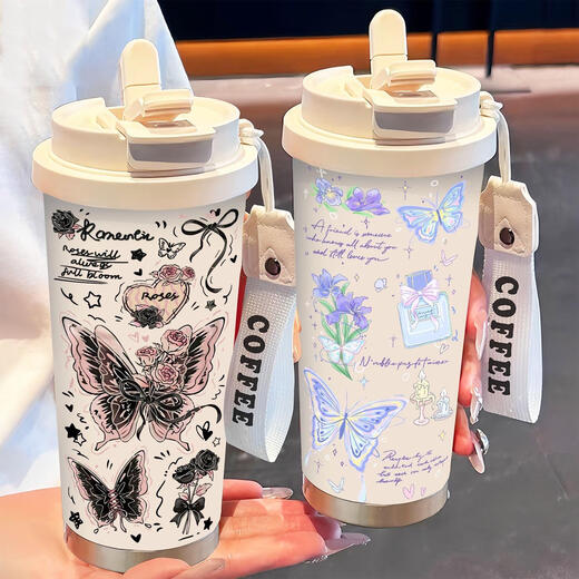 乐扣乐扣简约蝴蝶保温杯不锈钢便携双饮咖啡杯2025新款女吸管水杯子高颜值 BW1047银色蝴蝶+配挂绳 316不锈钢