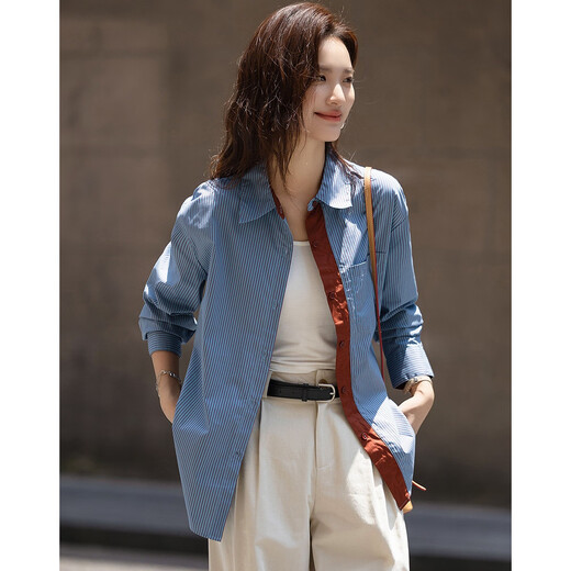 Demana Zizi cotton autumn artistic blue lapel contrast striped shirt patch pocket straight shirt women's top