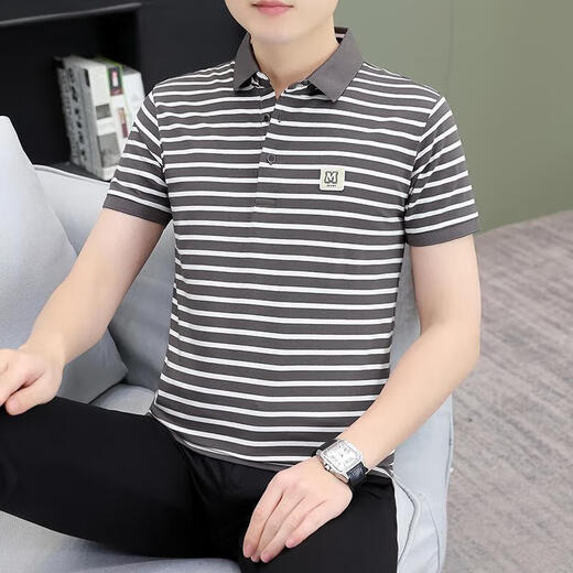 商场同款男装夏季条纹男士短袖体恤纯棉休闲百搭polo衫男装中年带 黑白QY753 XL [建议135-145斤]