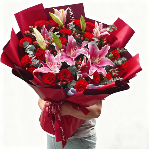 Ramos de claveles de rosas Xinyi Flower Express como regalo para madres y ancianos. Envío de flores a todo el país en la misma ciudad. Ramos mixtos de rosas rojas, claveles y lirios.