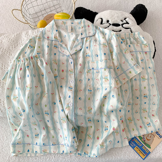 S.sofea Cloud Cotte Pajama для женщин Лето-розовый кошка мультфильм с короткими рукавами с тремя частями.