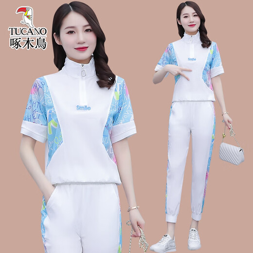 Woodpecker Ice Silk à manches courtes décontractées pour femmes 2025 Été Nouveau Âge de la mode réduisant les vêtements de sport de course à deux pièces (684) White M (suggéré 100 Jin [Jin est égal à 0,5 kg] ou moins)