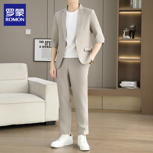 ROMON Suit Men's Three-quarter Sleeve Jacket Summer Slim Business Formal Casual Suit Men's 2506 Khaki Long Sleeve Suit XL