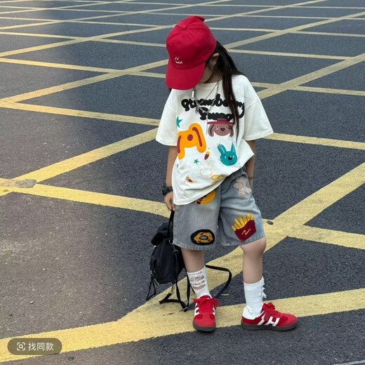 Apocalypse Century Girl Summer Street gebratenes Set 2025 Neues Mädchen Loose Cartoon Kurzarm T-Shirt Denim Medium Hosen Zweiteiler Set Trendy 8 weiße Weste [Single] 150 Größe für Höhe von etwa 1,45 Metern geeignet
