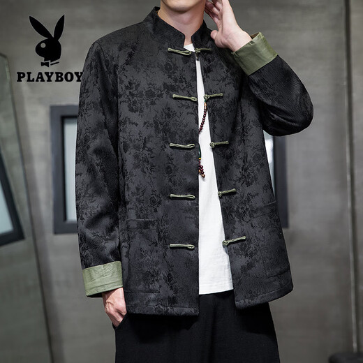 花花公子（PLAYBOY）新中式唐装男中国风秋冬季长袖夹克复古盘扣汉服宽松大码男士外套 Y756黑色 L 120-135斤