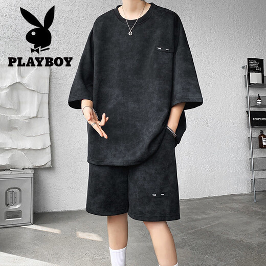花花公子（PLAYBOY）夏季套装男小众设计感扎染七分袖t恤短裤潮流酷帅大码男装一整套 TZ757扎染黑 M (建议95-110斤)