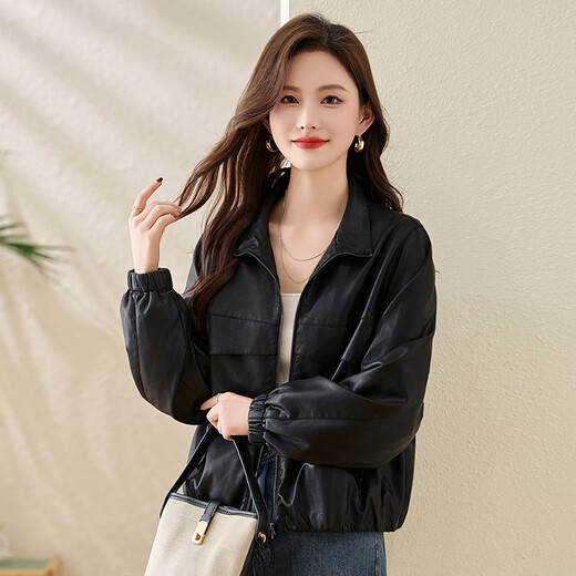 
ROMON (ROMON) jacket for women European style lapel leather jacket short spring suit 2025 new light luxury high-end fashion jacket top black M [recommended 110Jin [Jin equals 0.5 kg]]