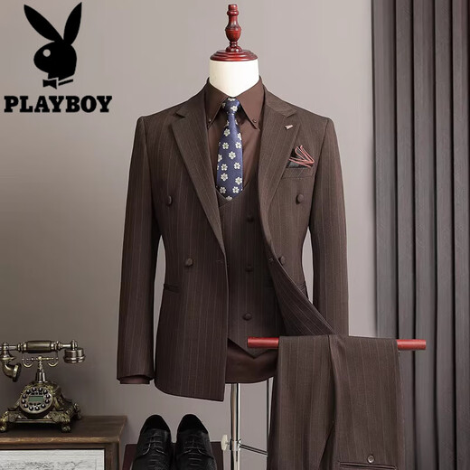 Playboy 2025 Winter Suit Men's Retro Striped High-Quality Double-breasted Suit Three-piece Formal Wedding Dress Retro Three-piece Suit XL 52