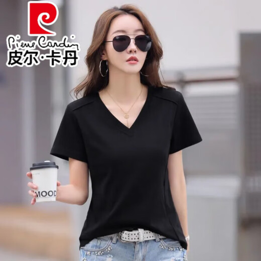 皮尔卡丹（pierre cardin）时尚休闲v领纯棉正肩短袖T恤女夏季韩版新款宽松黑色短袖薄款体恤 酒红色纯棉9855 S 85-95斤