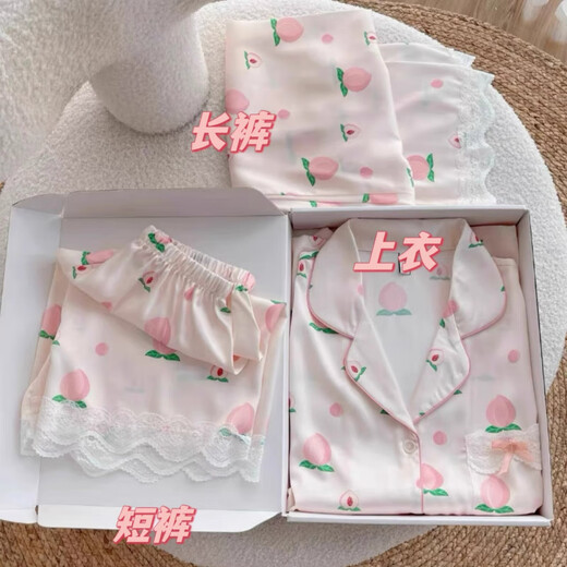 Victorias Stilseide Pyjamas für Frauen im Sommer dünne süße Spitze Pfirsich kurzärmelige Hose dreiteilige Set für den Außenkleidung. Peach [kurzärmelige + Hosen] 9905 m [Empfohlen 80-100Jin [Jin ist gleich 0,5 kg]]