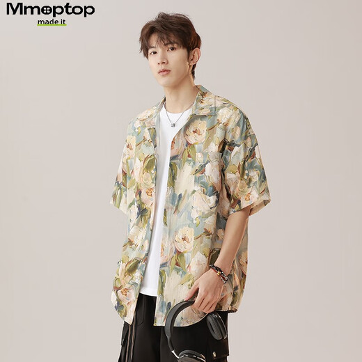 MMOPTOP THAI RETRO Floral Hemd Sommermänner Ice Seide Kühle atmungsaktive kurzärmelige Top MCS16 Sabah Aprikose L.