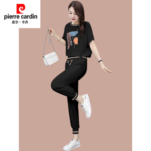 皮尔卡丹（pierre cardin）休闲时尚套装女夏季新款洋气T恤薄款小个子冰丝运动服短袖两件套 【684】黑色 M (建议100斤以下)