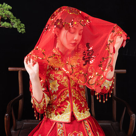 Jingwu simple temperament veil champagne color white red bridal headdress lace new long tail wedding photo phoenix flying phoenix dancing hijab 1 pack