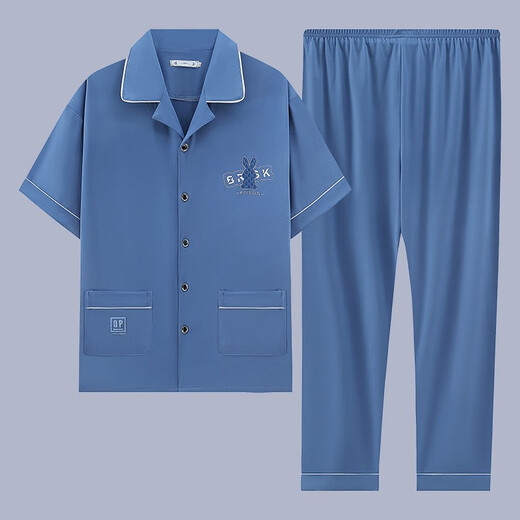 KuZHANG (KUZHANG) men's pajamas summer short-sleeved pure cotton thin loose plus size casual youth home clothing suit can be worn outside g3884 blue-short-sleeved trousers L Recommended 100-120Jin [Jin equals 0.5 kg]