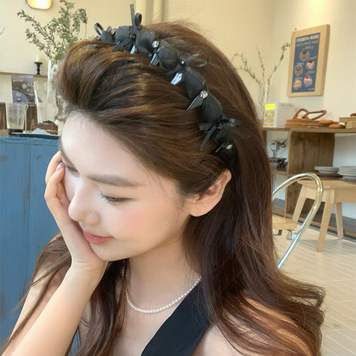 Jiao Xuefei simple bow rhinestone mesh headband hair accessories face wash hair pressure headband with teeth anti-slip women's high skull new style