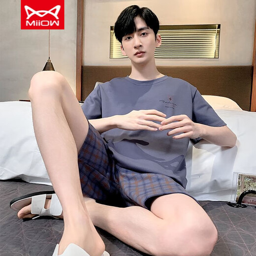 Catman MIIOW summer short-sleeved shorts men's pure cotton thin pajamas can be worn outside casual sports home clothing large size suit 9922 L