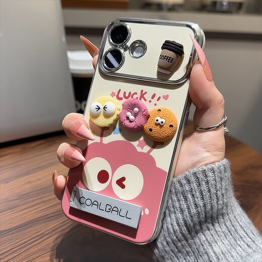 Zhisong Plüsch kleiner Kohleball Dreidimensional Doll Mobiltelefon Hülle für Apple 16 mit Bracket iPhone 15Promax Apple 13 11981-Elektroplieren großer Fenster-Schwarz-Kohlenball-Puppen iPhone 16