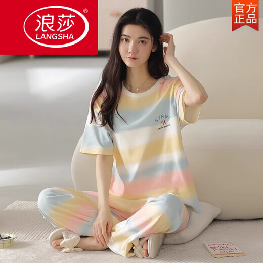 浪莎（LangSha）睡衣女夏季纯棉舒适短袖长裤2025新款夏天女款网红风家居服套装 NJR-9712 XL 【建议120-140斤穿】
