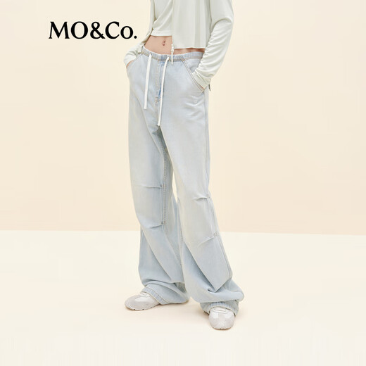 
MO/Co.[active series] Jeans 2025 autumn new product drawstring mid-waist pinch wide-leg pants MBE3JEN008 denim blue S/S