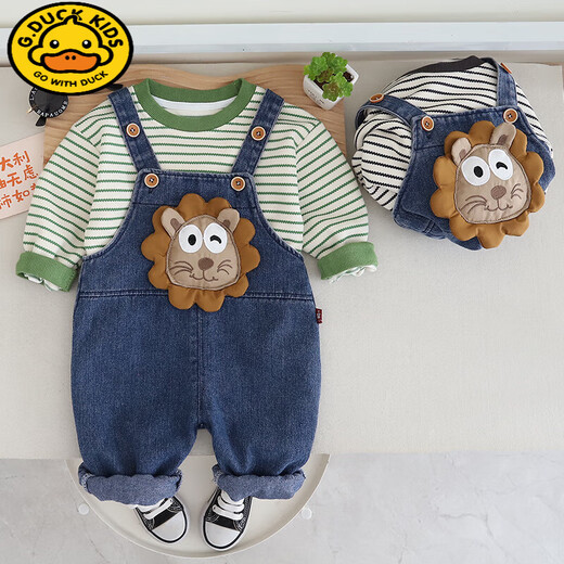 G.DUCKKIDS baby boy spring and autumn denim overalls set new fashionable cartoon baby children's clothes autumn two-piece set green L Lion strap two-piece set 100