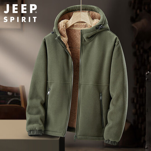 JEEP SPIRIT Jeep Polar Fleece Jacket Men's Autumn and Winter Plush Hooded Jacket Men's Cardigan Fleece Jacket Black XL